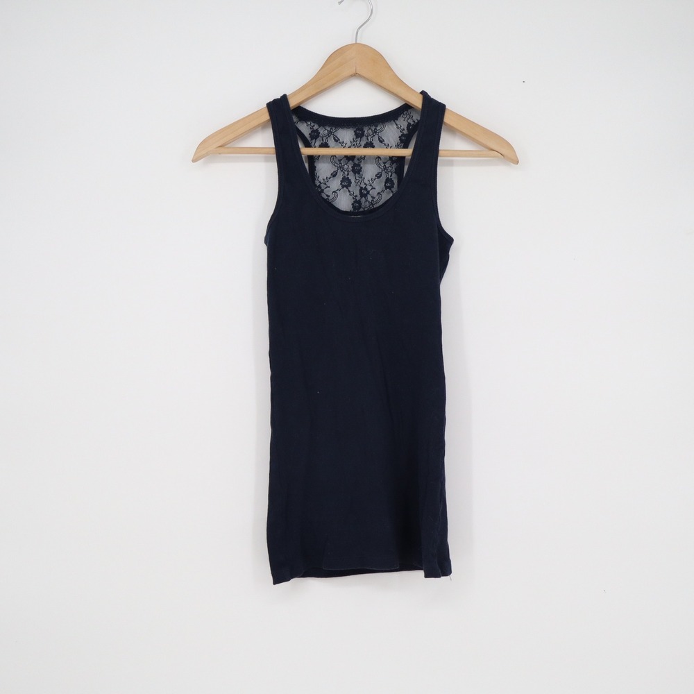 WHO.A.U Navy Blue Lace Racerback Tank Top Ribbed Cotton Blend Small